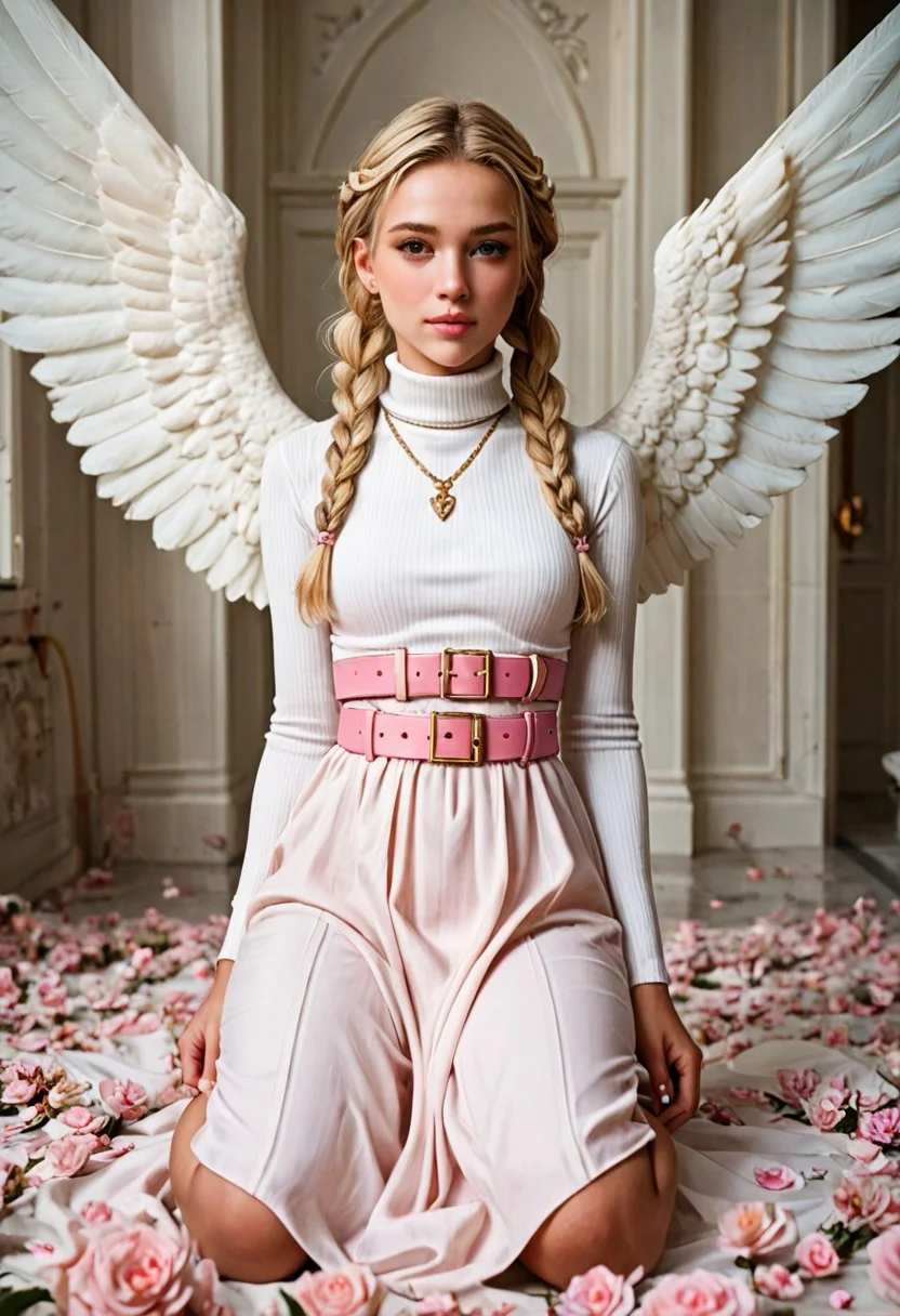 score_9, score_8_up, score_7_up, score_6_up, score_5_up, score_4_up, 1girl, wings, blonde hair, goddess hair, twin braids, black eyes, white goddess dress, turtleneck, pink belt, kneeling, Olimpus