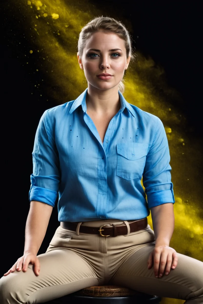 cinematic film still portrait of radiant linnea in linen shirt and khaki pants, blue and yellow splash, sitting, black background <lora:colorSplash:1> . shallow depth of field, vignette, highly detailed, high budget Hollywood movie by taika waititi, bokeh, cinemascope, moody, epic, gorgeous, film grain, grainy . 35mm photograph, film, bokeh, professional, shot by cig harvey, 4k, highly detailed