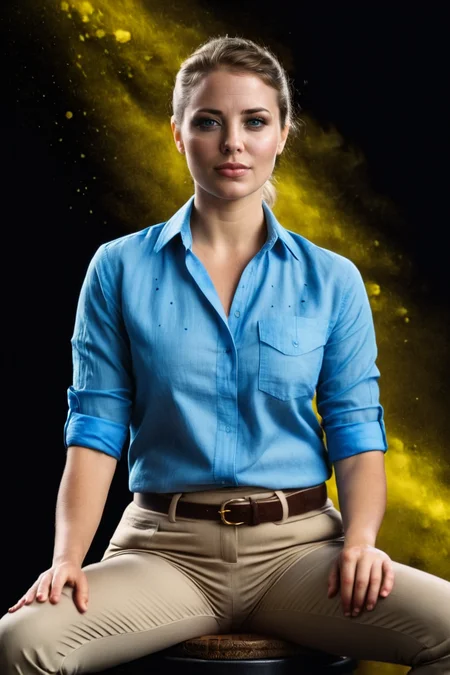 cinematic film still portrait of radiant linnea in linen shirt and khaki pants, blue and yellow splash, sitting, black background <lora:colorSplash:1> . shallow depth of field, vignette, highly detailed, high budget Hollywood movie by taika waititi, bokeh, cinemascope, moody, epic, gorgeous, film grain, grainy . 35mm photograph, film, bokeh, professional, shot by cig harvey, 4k, highly detailed