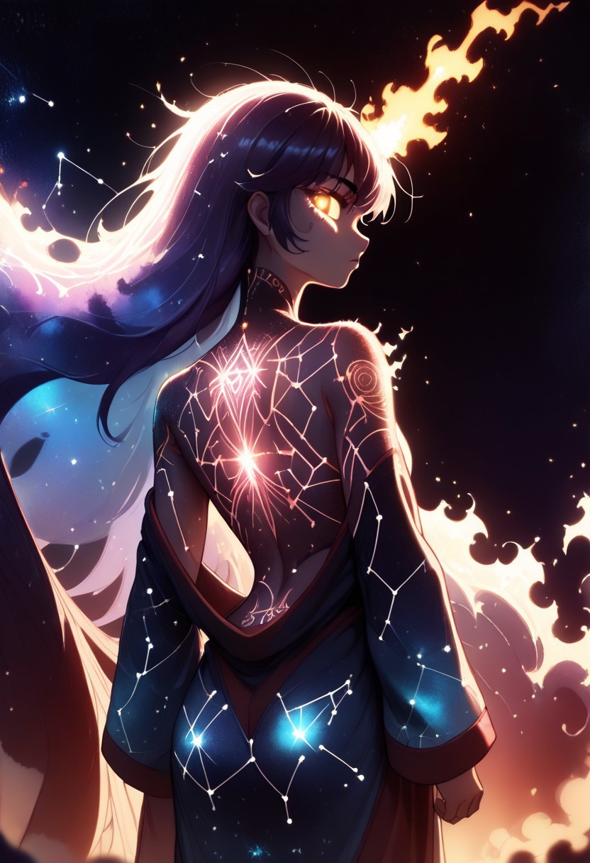 Score_9, score_8_up, score_7_up, best quality, high res, 8k, Dark lighting, low lighting, night, dark background, nebula,  1girl,faceless,back view, intricate tattoo, constellation, glowing tattoo, open back robe, cosmic entity, looking back at viewer, burning eyes