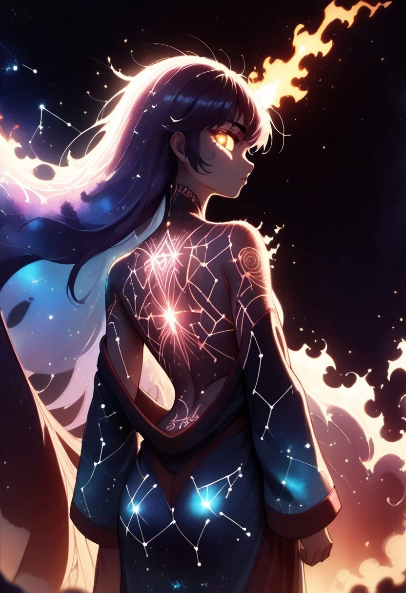 Score_9, score_8_up, score_7_up, best quality, high res, 8k, Dark lighting, low lighting, night, dark background, nebula, 1girl,faceless,back view, intricate tattoo, constellation, glowing tattoo, open back robe, cosmic entity, looking back at viewer, burning eyes