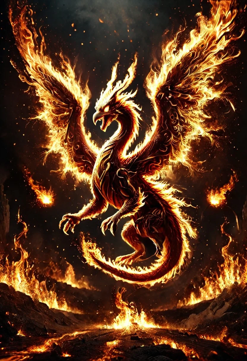 Score_9, score_8_up, score_7_up, high quality, 4k, 8k, extremely detailed, fire eagle, rendered in stunning detail by Andrei Kolkoutine. The camera frames the vibrant dragon's face, its big, round eyes creating an adorable expression. The composition is playful and funny, with the dragon's outstretched wings and tiny claws creating a sense of movement. fire, explosions, funny theme, witty, Humor and wit, Aesthetic appeal, Engagement sparks, flamestyle