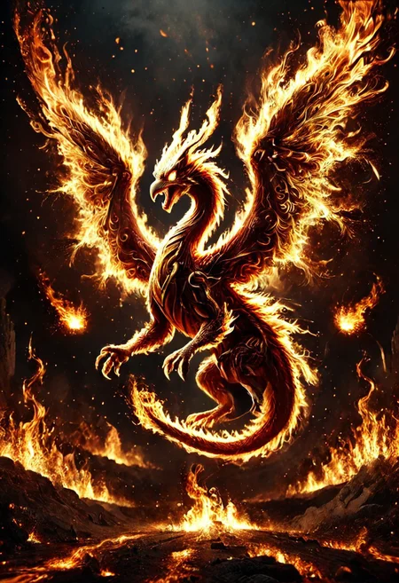 Score_9, score_8_up, score_7_up, high quality, 4k, 8k, extremely detailed, fire eagle, rendered in stunning detail by Andrei Kolkoutine. The camera frames the vibrant dragon's face, its big, round eyes creating an adorable expression. The composition is playful and funny, with the dragon's outstretched wings and tiny claws creating a sense of movement. fire, explosions, funny theme, witty, Humor and wit, Aesthetic appeal, Engagement sparks, flamestyle