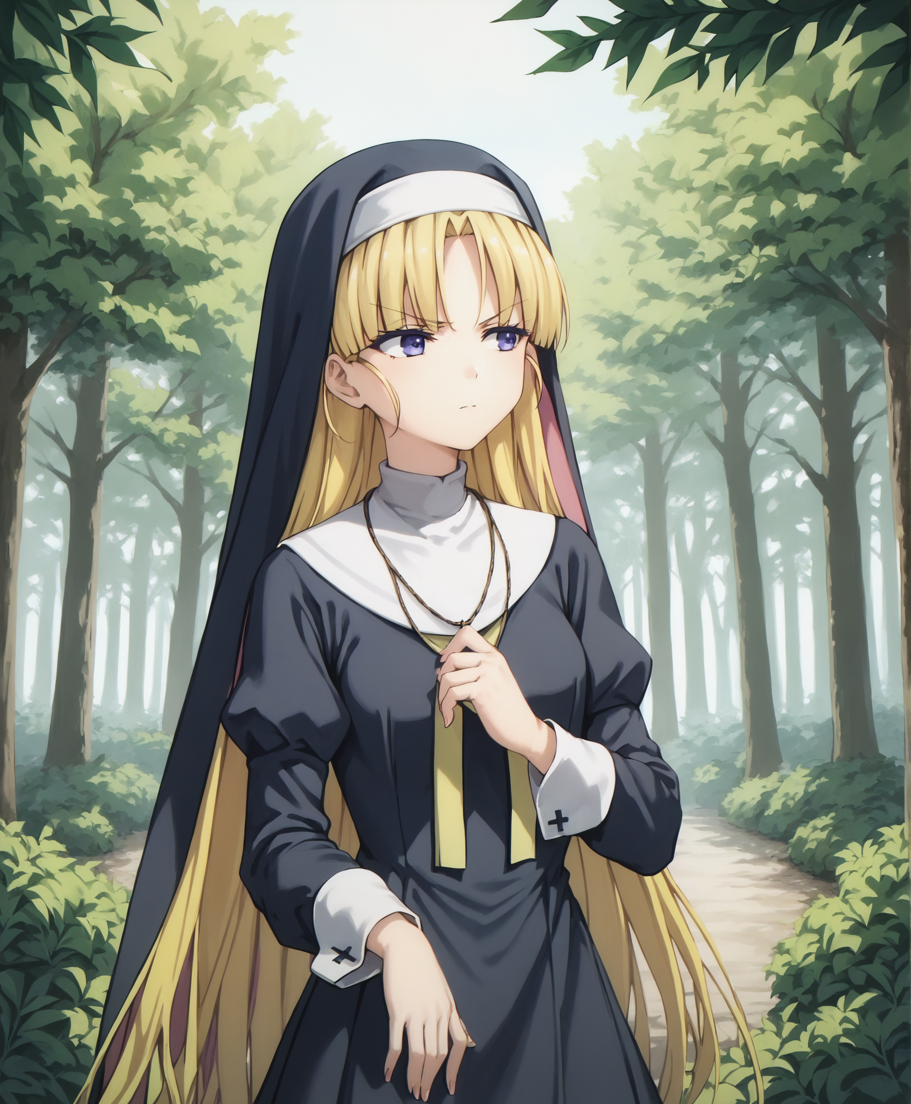 score_9, score_8_up, score_7_up, highres, hi res, best quality, masterpiece, 2d, intricate details, 4k, anime coloring, shadow, uncensored,
1girl, solo, female, long hair, blue eyes, blonde hair, bow, ribbon, purple eyes, hair bow, v-shaped eyebrows, >:\),
long sleeves, nun, traditional nun, 
looking at another, cowboy shot,
outdoors, forest, bushes, branches, foliage, <lora:Warabi_Hanasaka1024_Pony:1>, busou shoujo machiavellism, hanasaka warabi,