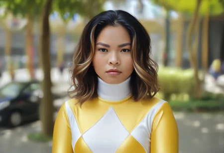 yellow power ranger Grachie, short brunette wavy hair, helmetless, uniform, yellow catsuit, white collar, serious facial expression, mouth closed, mouth shut, in Champs-Elysées in Paris, next to shop window, shopping, looking through shop window, hyperdetailed photography