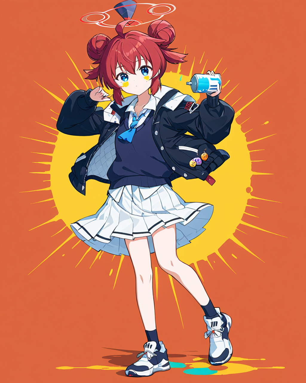 maki \(blue archive\),1girl, spray_can, halo, graffiti, full_body, sweater_vest, double_bun, solo, white_skirt, paint_splatter_on_face, ahoge, collared_shirt, pleated_skirt, multicolored_background, blue_necktie, white_shirt, red_background, sidelocks, standing, looking_at_viewer, long_sleeves, sneakers, signature, black_jacket, orange_background, id_card, open_jacket
<lora:maki_(blue_archive)_image389_2023-11-24:1>. gorgeous,key visual, vibrant, studio anime,award-winning, professional, highly detailed,high budget, cinemascope