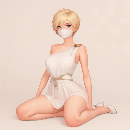 score_9, score_8_up, score_7_up, zPDXL3, NEGATIVE_HANDS, beautiful aesthetic, very intricate details, high quality details, realistic, highres, HD, 1 girl, solo, BREAK, white mask, blonde hair, short hair, cyan eyes, toga, greek clothes, white high heels, thin body, happy smiling, sexy, BREAK, prison