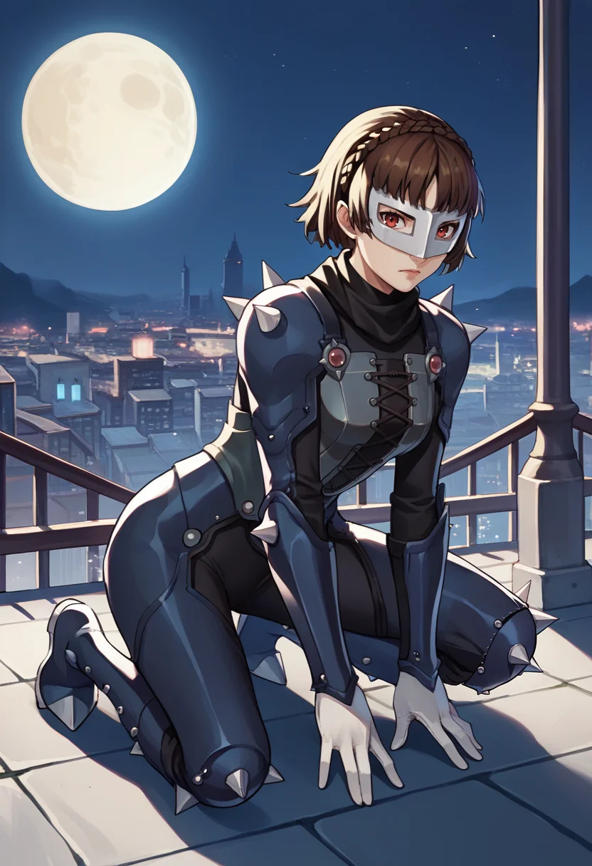 score_9, score_8_up, score_7_up, source_anime, 1girl, kneeling, on on knee, looking at viewer, serious, <lora:MakotoP5-pdxl:1> ptMako, mask, short hair, crown braid, bikesuit, shoulder spikes, black scarf, white gloves, armored boots, outdoors, night, full moon, city