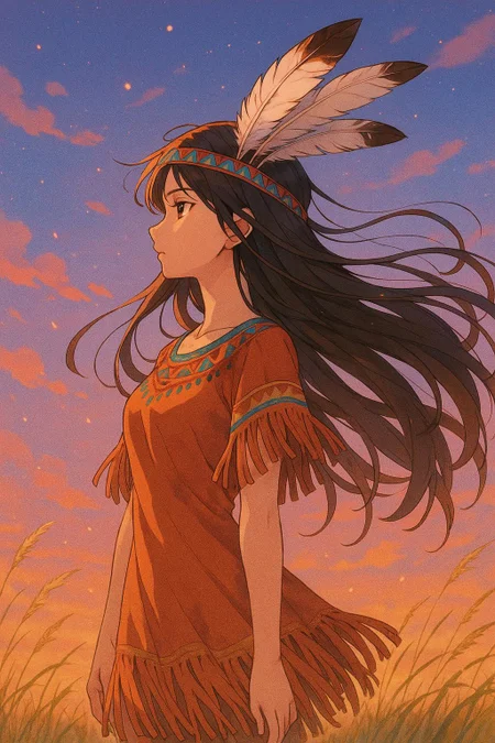 A woman looking afar in the wind with long hair and a feather headdress. The sky is gradient and the atmosphere is smooth. This illustration is vibrant and colorful with a soft film grain. The woman is wearing a tribal dress with fringe tassels and has flowing long hair. light particles dance in the air as the tall grass flows. clouds and gradient color space. anime style with attractive lines and colors