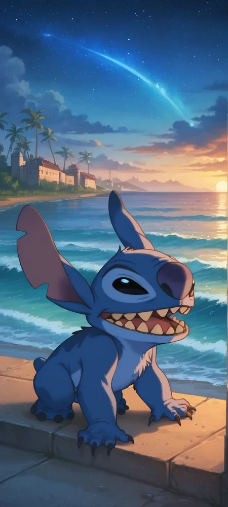 score_9, score_8_up, score_7_up, source_anime, detailed skins, highly detailed, stitch,black eyes,no pupils,no humans, colored skin, blue skin, furry,sharp teeth, two-armed,claws, grin, cartoon, detailed background, night sky, <lora:StS_PonyXL_Detail_Slider_v1.4_iteration_3:3>, <lora:Stitch:0.8> <lora:add-detail-xl:1> <lora:Expressive_H:1> scenery, <lora:Experiment_626_aka_Stitch_Lilo_and_Stitch_for_PonyXL:0.4> depth of field, gras, (masterpiece, best quality, high quality, highres, ultra-detailed),