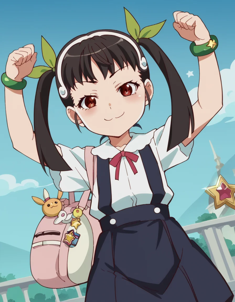 score_9, score_8_up, score_7_up, source_anime, <lora:mayoi-hachikuji-offmonster-ponyxl-lora-nochekaiser:1>, mayoi hachikuji, long hair, black hair, red eyes, ribbon, twintails, hair ribbon, hairband, anime screencap, skirt, jewelry, bag, star (symbol), bracelet, suspenders, green ribbon, suspender skirt,, mosque, dome, prayer, holy, architecture, smile, <lora:colombia-pose-ponyxl-lora-nochekaiser:1> colombia pose, colombia pose (meme), meme, raised fists, victory pose, arms up, smile, smug,, blush, cowboy shot,, looking at viewer, solo,, dutch angle, cowboy shot