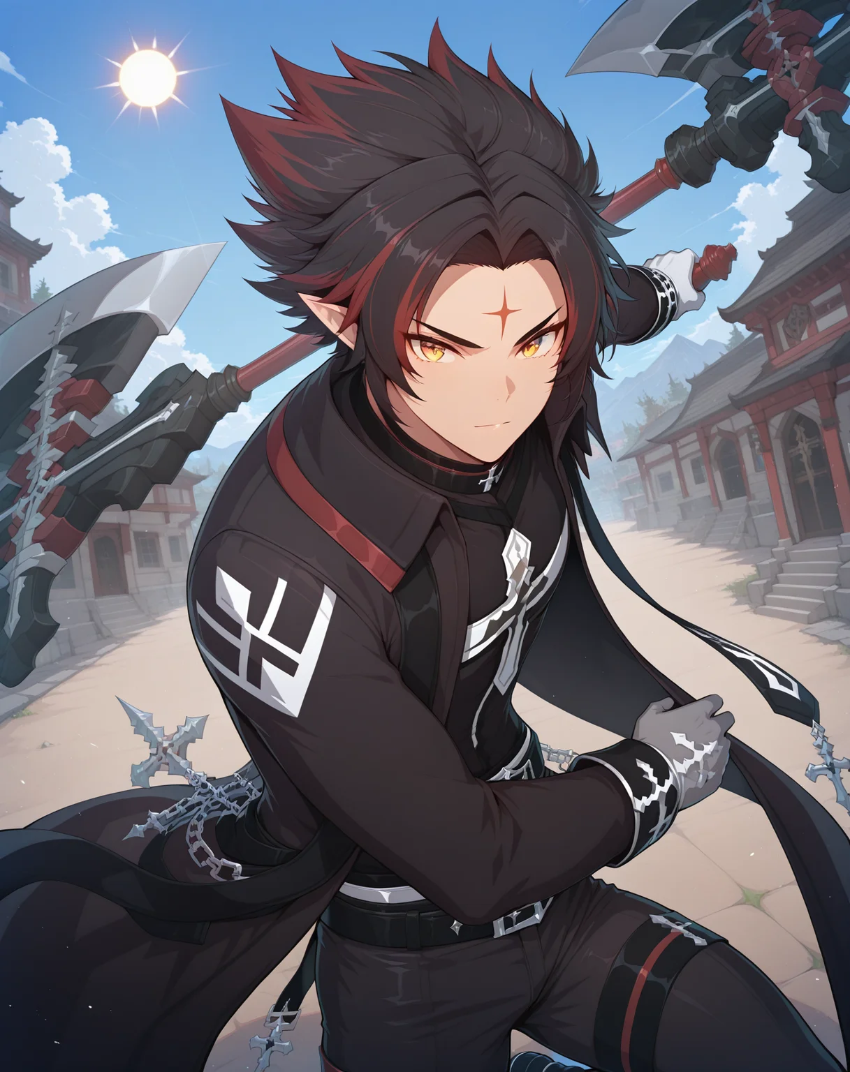 masterpiece, best quality, absurdres, very aesthetic,
1boy, solo, yaoi, male focus,
cowboy shot, upper body, looking at viewer,
<lora:Ryan_Werewolf:1> ryanwerewolf, black hair, multicolored hair, pointy ears, facial mark, red hair, two-tone hair, streaked hair, forehead mark, yellow eyes,
white gloves, black pants, holding weapon, black coat, belt, black footwear, shoes, shirt, chain, long sleeves, grey gloves, cross,
holding axe, holding weapon, axe,
outdoors, day, blue sky, sun,