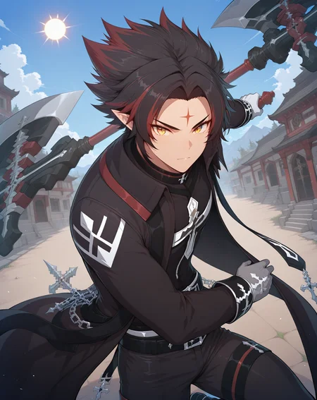 masterpiece, best quality, absurdres, very aesthetic,
1boy, solo, yaoi, male focus,
cowboy shot, upper body, looking at viewer,
<lora:Ryan_Werewolf:1> ryanwerewolf, black hair, multicolored hair, pointy ears, facial mark, red hair, two-tone hair, streaked hair, forehead mark, yellow eyes,
white gloves, black pants, holding weapon, black coat, belt, black footwear, shoes, shirt, chain, long sleeves, grey gloves, cross,
holding axe, holding weapon, axe,
outdoors, day, blue sky, sun,