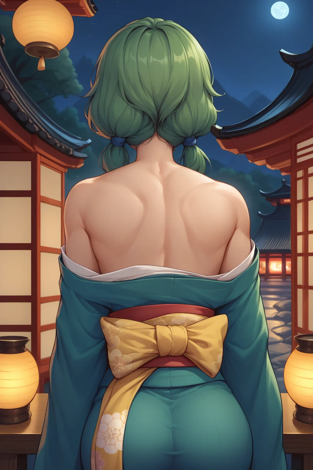 score_9, score_8_up, solo, 1girl, <lora:NSCarolineStardew:1> NSCarolineStardew, Green hair, low twintails, short hair, mature, kimono, bare shoulders, Japanese palace background, night, from behind