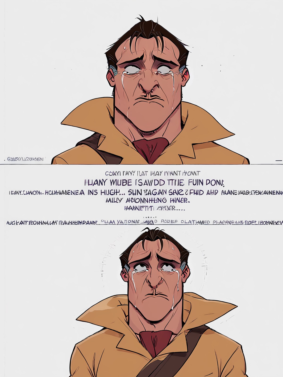 <solo:1.5>,
<1boy:1.5>,
clayton_tarzan, clayton_hunter, human, male, 1boy, male focus, solo, upper body, shirt, parody, meme, colored skin, short hair,
<white background:1.5>,
<simple background:1.5>, 
<lora:Clayton_Tarzan:1.25> clayton_tarzan, <lora:LineArt Mono Style LoRA_Pony XL v6:1>, sad,
sadness,
tears,
closed mouth,