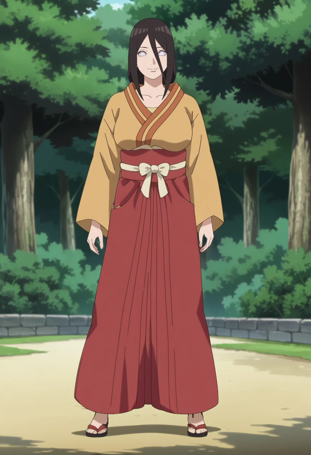 score_9, score_8_up, score_7_up, source_anime,anime screencap,anime coloring,intricate details,masterpiece,
uncensored,
mature female,
hanabi, black hair, 1girl, long hair, hair between eyes, white eyes,no pupils,large breasts,
japanese clothes,hakama,hakama skirt, kimono,sandals, red hakama,long sleeves,
smile,looking at viewer,
perfect anatomy,
scenery,outdoors, east asian architecture, forest,
<lora:Hanabi_by_Nyx:1>