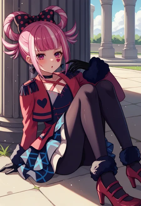 score_9, score_8_up, score_7_up, source_anime, 1girl, on ground, looking at viewer, chestnut mouth, BREAK <lora:HortensiaFE-pdxl:1> casHort, multicolored hair, hair rings, blunt bangs, hair bow, polka dot bow, sidelocks, heart facial mark, black choker, heart earrings, red cropped jacket, epaulettes, long sleeves, fur trim, black gloves, cross-laced dress, frills, black pantyhose, red high heels, pointy footwear, outdoors, column