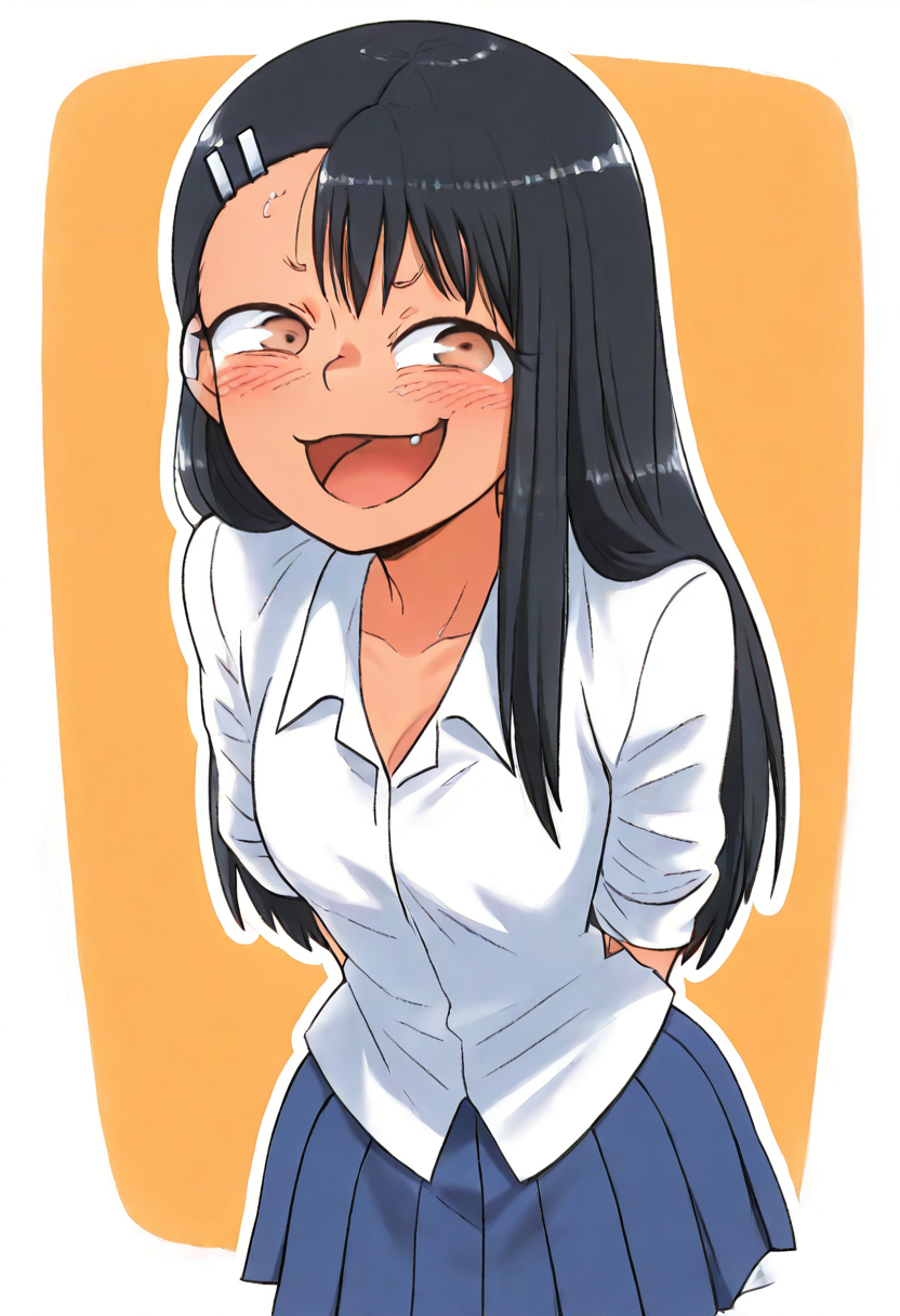 (masterpiece, best quality, good quality, very aesthetic, absurdres, newest:1.2),    1girl, solo, eyelashes, (beautiful eyes),    nagatoro hayase, long hair, bangs, black hair, hair ornament, brown eyes, hairclip, fang, dark skin, dark-skinned female, tan, skirt, shirt, school uniform, white shirt, pleated skirt, nail polish, blue skirt, red nails, earclip,  smug, hands behind back, leaning forward, portrait,   ,smile, looking at viewer, abstract background, white outline, cowboy shot, <lora:TobiaswhellerNAI:1.0>, <lora:Nagatoro_NAI:1.0>,