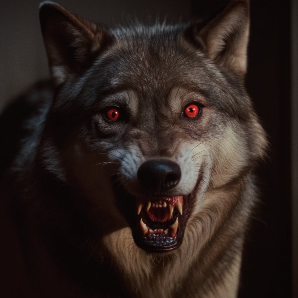 cinematic film still of  <lora:Fright Night 1985 style v2:1>
In the 1980's vampire Wolf dog with red scary eyes a wolf with red eyes standing in a dark room,solo,looking at viewer,open mouth,red eyes,teeth,no humans,animal,fangs,realistic,wolf , horror themed, dark themed, low key light, dramatic light, dramatic shadow light, contrast, cinematic color, cinematic look, filmic, realistic, realism, perfection, perfect, Kodak, Kodak film, movie still, Fright Night 1985 style, Fright Night Film style, shallow depth of field, vignette, highly detailed, high budget, bokeh, cinemascope, moody, epic, gorgeous, film grain, grainy