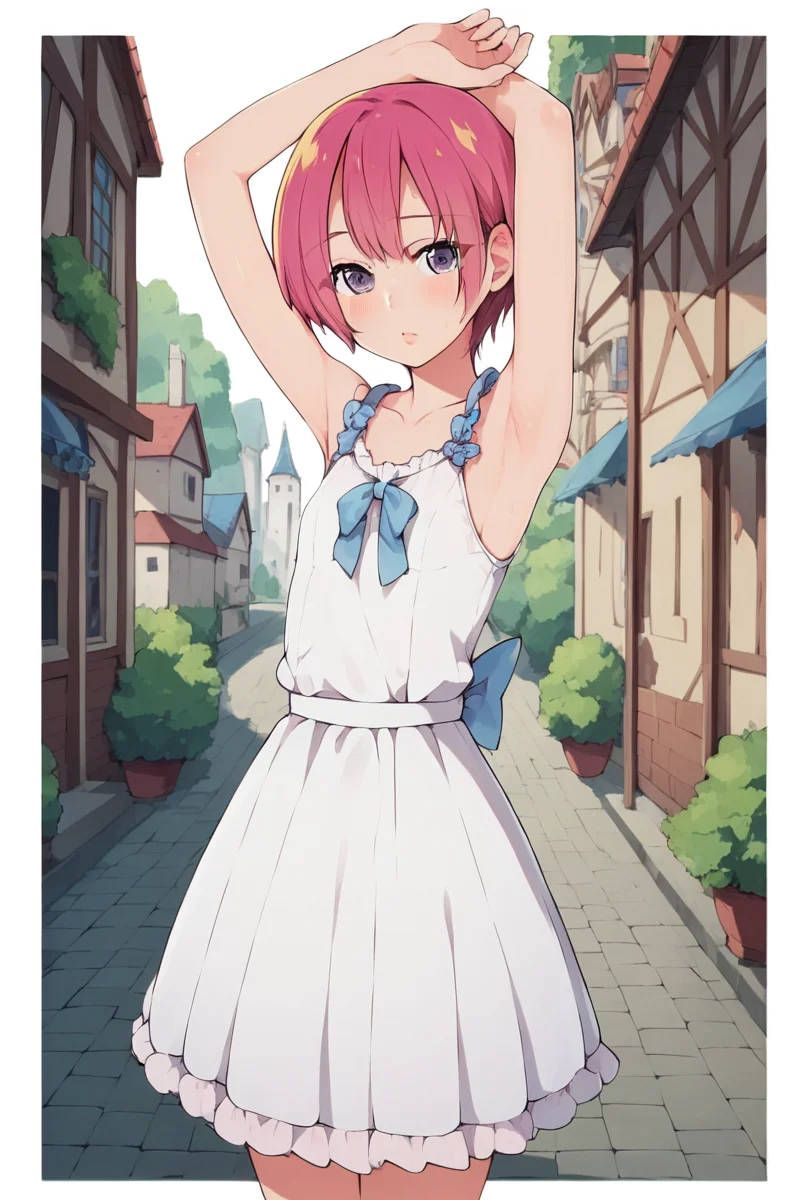 score_9, score_8_up, score_7_up, source_anime , 1girl , intricate details, highly detailed background, intricate details, highly detailed background, masterpiece, high quality, prefect hands, best quality, masterpiece, high quality, prefect hands, best quality , small breast , blush , outdoor , town , standing , solo ,
, <lora:DetailedEyes_V3:1> <lora:tweak-detail-xl:1>
,MizukiPN , 1girl , gray eyes , pink hair , short hair , small breast , <lora:Suzushiro_Mizuki_Boku_Girl:1> , white dresses , sleeveless , sundresses , armpits ,