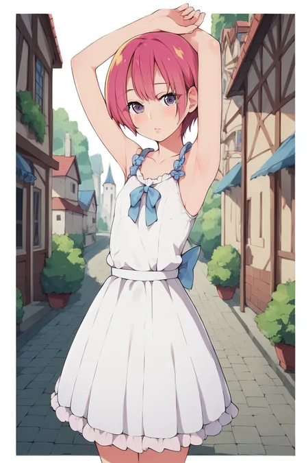 score_9, score_8_up, score_7_up, source_anime , 1girl , intricate details, highly detailed background, intricate details, highly detailed background, masterpiece, high quality, prefect hands, best quality, masterpiece, high quality, prefect hands, best quality , small breast , blush , outdoor , town , standing , solo ,
, <lora:DetailedEyes_V3:1> <lora:tweak-detail-xl:1>
,MizukiPN , 1girl , gray eyes , pink hair , short hair , small breast , <lora:Suzushiro_Mizuki_Boku_Girl:1> , white dresses , sleeveless , sundresses , armpits ,