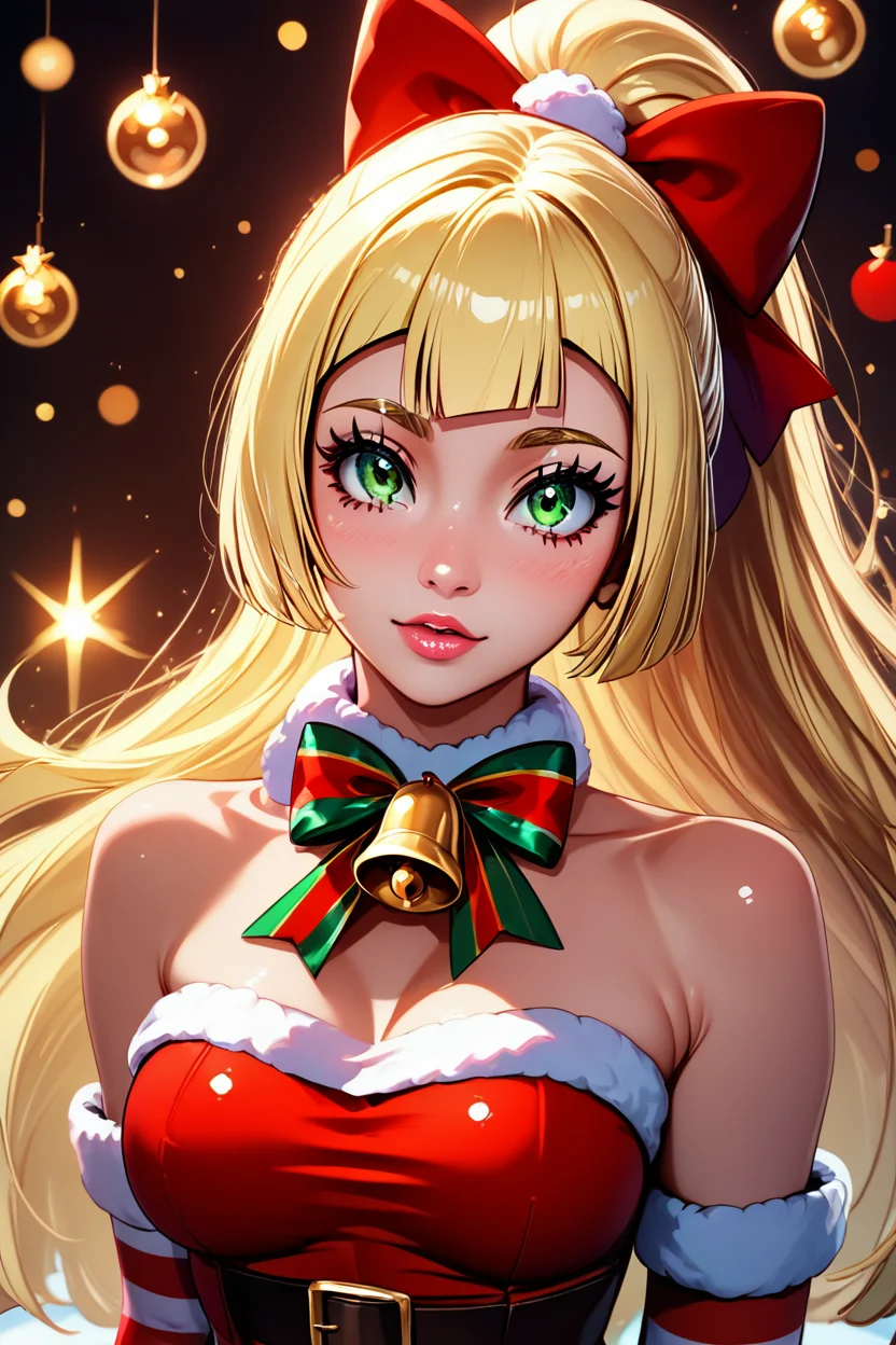 score_9, score_8_up, score_8, medium breasts, (curvy), cute, eyelashes, ,,, , zzPLillie, green eyes, blonde hair, hair bow, long hair, ponytail, bow, christmas, dress, bare shoulders, bell, striped, red dress, neck bell, belt, <lora:PeppermintLilliePDXL:1.0>, ,,,, BREAK, (ultra realistic,32k, masterpiece:1.2),(high detailed skin:1.1),( high quality:1.1), head tilt, lips, closed mouth, shiny clothes, (upper body), looking at viewer, bokeh, luminescent background, ,,, embedding:zPDXL, Expressiveh, ,,, <lora:RlAnmPDXL:1.0>,