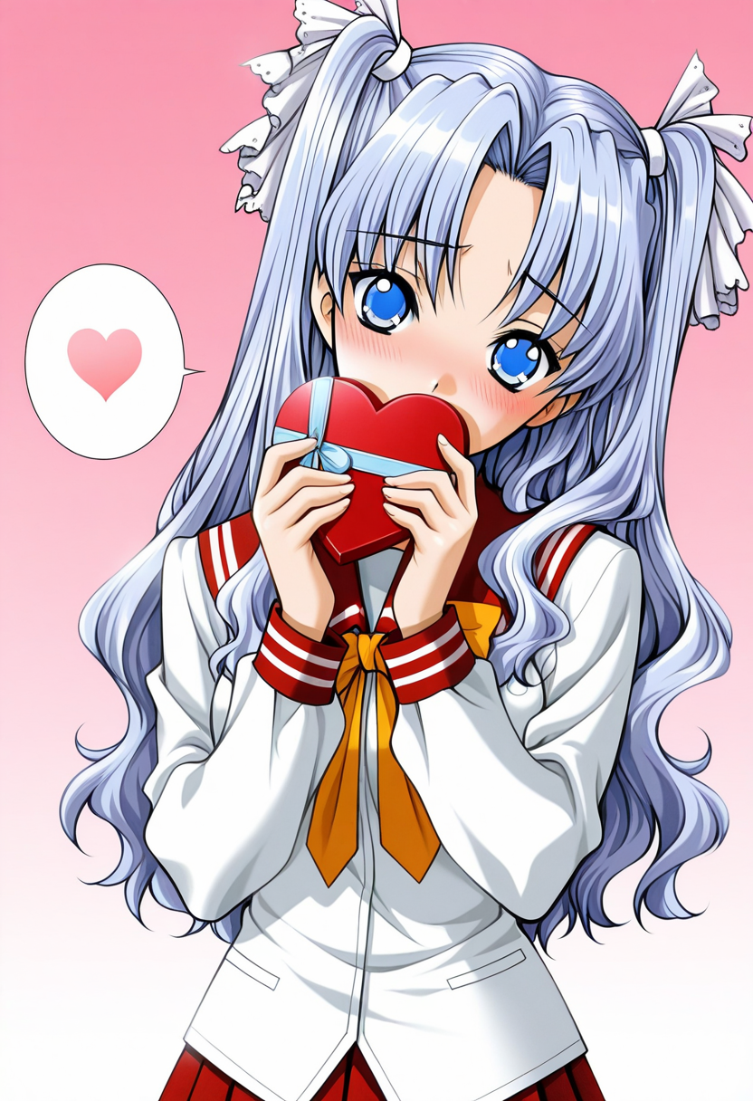 masterpiece, best quality, amazing quality, very aesthetic, absurdres, official art, ultra detailed, 
1girl, solo, kub0_shouk0, blue eyes, white hair ribbon, blue hair, long hair, two side up, wavy hair, medium breasts BREAK school uniform, serafuku, red sailor collar, pleated skirt, bow, lovestruck, blush, head tilt, looking at viewer, spoken heart, standing, holding heart gift, hand over own mouth, gradient background, pink background, front view, upper body, highly detailed, best hands <lora:kubo shouko v1.0-000015:1>