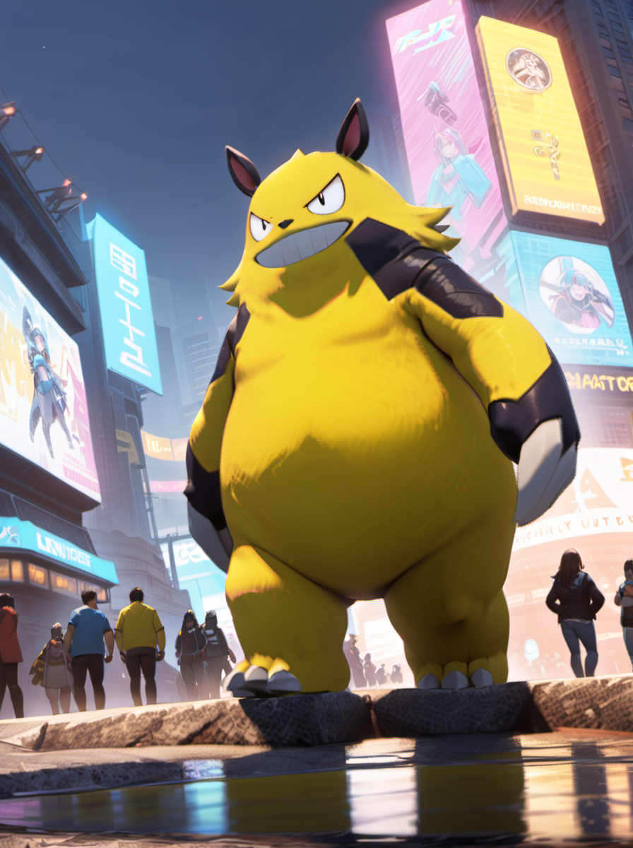 palworld-grizzbolt, pokemon,  <lora:palworld_grizzbolt_xl_v1-000019:0.85>, furry male, yellow skin, pot belly, face an audience, 
(masterpiece:1.2, best quality:1.1, highres,absurdres, high quality), reflected light, colorful,ultra-detailed,8k, ultra hd, super detailed, (hayasaka ai), cyberpunk style, cyberpunk, science fiction, neon lights, jacket, pants, city