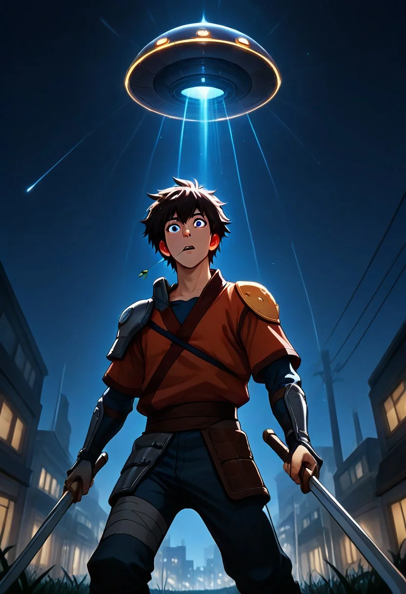 masterpiece, best quality, amazing quality, jet, 1boy, stalk in mouth, , missmatched shoulder armor, dual wielding, sword, mouth hold, shocked, holding, bandaged leg, red top, gauntlets, (alone, alien_abduction, abduction, ufo, tractor beam), spacecraft,  ,city, at night (floating, from below, low-angle shot:1.2)