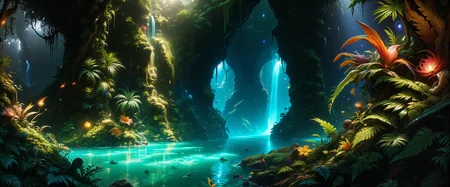 highly detailed mystical realism oil painting in the style of johan christian dahl and maurice sapiro, ancient, dark jungle brimming with life, an enchanted forest hidden deep in mystery, in the foreground, large, otherworldly plants with vibrant, exotic leaves and gorgeous intriguing flowers edge a glowing azure pool, lush layers of vegetation framing the waterfallâs base, dark shadows fill the corners, the center scene features a narrow, bioluminescent waterfall cascading down a rugged, multi-tiered cliff, its gentle glow casting a faint blue-green light, thick, emerald moss covers the cliff, hinting at untold ages, in the background, the dense foliage extends into the shadows, punctuated by faint glows from hidden recesses, suggesting unseen life, a medium-wide shot with slight overhead perspective, capturing the waterfall, pool, and dense jungle foliage in a balanced, layered composition, dynamic chiaroscuro lighting, with warm dappled light filtering through the thick jungle canopy, soft, ethereal glow around the waterfall and pool, faint reflections off the vibrant plants, intricate textures and shadow detail, soft interplay between deep green shadows and luminous highlights, painting-quality detail, realistic contrasts, and rich color gradations, primordial and wondrous scenery, in the style of ck-ovf, <lora:faetastic_details-flux-by_faeia:1.0> <lora:style-oneviolentfantasy-ep21-flux-by_chronoknight:0.76>