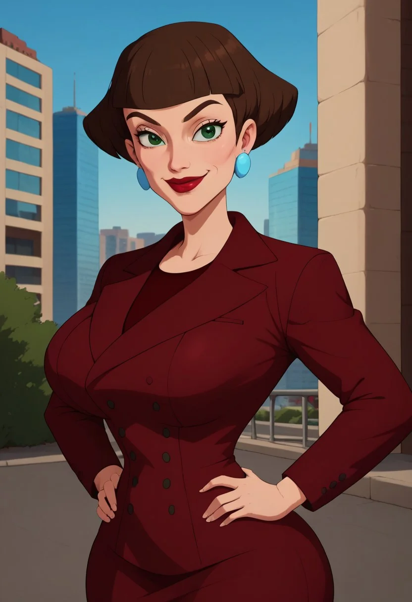 ((city background)),score_9, score_8_up, score_7_up,score_6_up,
1girl, Solo, IMSlime_GGRO, light skin, green eyes, dark brown hair, dark brown eyebrows, red lips, bob haircut, short hair, straight bangs, wine blazer, dark red blouse underneath, wine pencil skirt, heels wine, light blue round earrings, huge breasts, smirk, narrow waist, huge hips,huge thighs, huge ass, big eyes, cute face, tall stature, perfect eyes, detailed eyes, cowboyshot, hands on hips