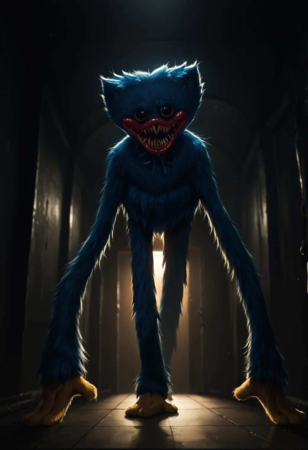 score_9, score_8_up, score_7_up, score_6_up, source_furry, dof, full-length portrait, solo, <lora:CHARACTER_HUGGY_WUGGY_Poppys_Playtime:1> huggy_wuggy, blue body, long limbs, dark background, interior, scary background, dark shadows, high contrast, cinematic, dynamic angle, <lora:dark_v1.9-pony:0.4> dark theme, dim lighting, dark background, dark room, backlighting,