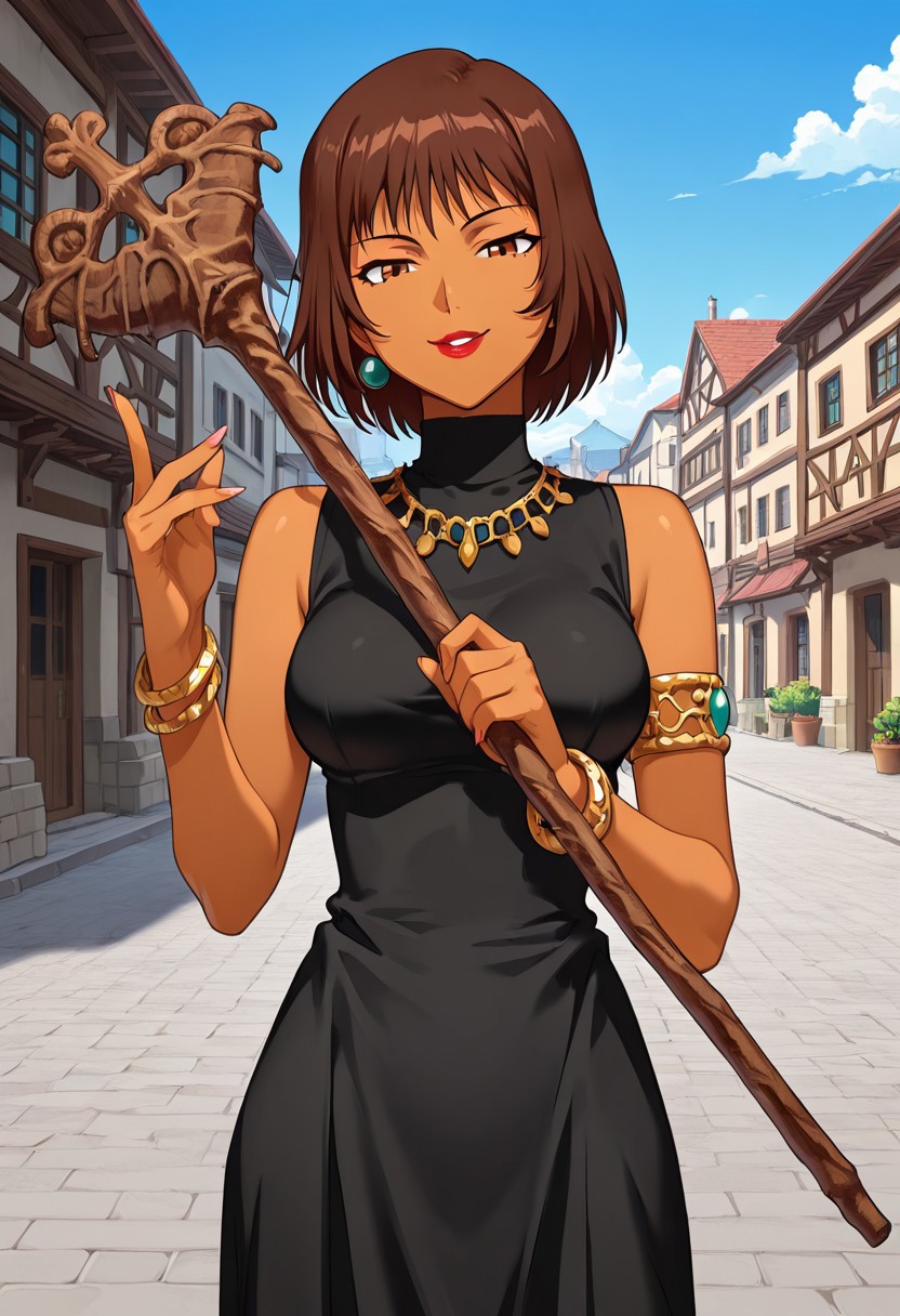 score_9,score_8_up,score_7_up,source_anime,5_figner,2d_animation,game cg,BREAK,1girl,solo,Milene,
short hair,brown eyes,brown hair,dark skin,lipstick,
bare shoulders,necklace,jewelry,armlet,staff,bracelet,long skirt,
medium breasts,front view,upper body,smile,naughty face,looking at viewer,
Outdoor, old, town,
masterpiece,best qualit,ultra-detailed,illustration,an extremely delicate and beautiful,beautiful detailed eyes,unity 8k wallpaper,high resolution,anime CG,official_art,