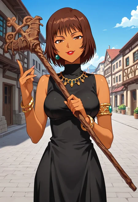 score_9,score_8_up,score_7_up,source_anime,5_figner,2d_animation,game cg,BREAK,1girl,solo,Milene,
short hair,brown eyes,brown hair,dark skin,lipstick,
bare shoulders,necklace,jewelry,armlet,staff,bracelet,long skirt,
medium breasts,front view,upper body,smile,naughty face,looking at viewer,
Outdoor, old, town,
masterpiece,best qualit,ultra-detailed,illustration,an extremely delicate and beautiful,beautiful detailed eyes,unity 8k wallpaper,high resolution,anime CG,official_art,