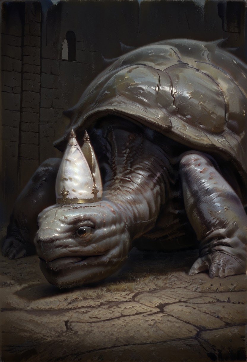 masterpiece, best quality, newest, absurdres, highres, DFOP-V3.0, oil painting, animal, animal focus, no humans, MTDPV1.0, turtle, tortoise, hat, mitre, white headwear, oversized animal