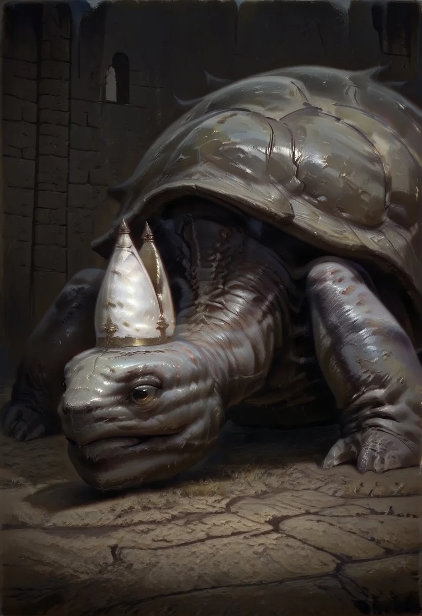 masterpiece, best quality, newest, absurdres, highres, DFOP-V3.0, oil painting, animal, animal focus, no humans, MTDPV1.0, turtle, tortoise, hat, mitre, white headwear, oversized animal