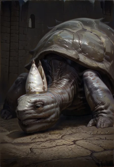 masterpiece, best quality, newest, absurdres, highres, DFOP-V3.0, oil painting, animal, animal focus, no humans, MTDPV1.0, turtle, tortoise, hat, mitre, white headwear, oversized animal