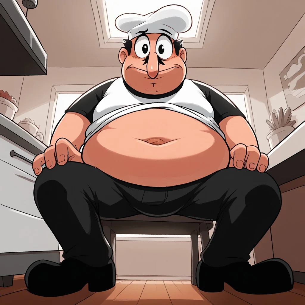 score_9, score_8_up, score_7_up, score_6_up, backlight, solo, male, masculine, cartoonish, plump body, wide face, fat, big eyes, black eyes, large nose, short mustache, short black hair, arm hair, round belly, cartoon style, 2d, white chef hat, black t-shirt, white apron, short sleeves, black pants, black shoes, apartment background, inside, looking at viewer, from below, BREAK, oh expression, shirt lift, show belly, big belly, happy trail, sitting, belly focus, close on belly, huge body, overweight