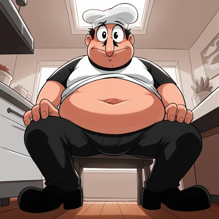 score_9, score_8_up, score_7_up, score_6_up, backlight, solo, male, masculine, cartoonish, plump body, wide face, fat, big eyes, black eyes, large nose, short mustache, short black hair, arm hair, round belly, cartoon style, 2d, white chef hat, black t-shirt, white apron, short sleeves, black pants, black shoes, apartment background, inside, looking at viewer, from below, BREAK, oh expression, shirt lift, show belly, big belly, happy trail, sitting, belly focus, close on belly, huge body, overweight