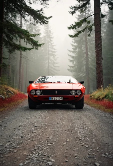 ClassicSportsCar, gleaming red DeTomaso Mangusta, front view, path in Swiss Alps forest, foggy, pine trees, 4K, highly detailed, (stylish grainy analog 35mm film photo, )