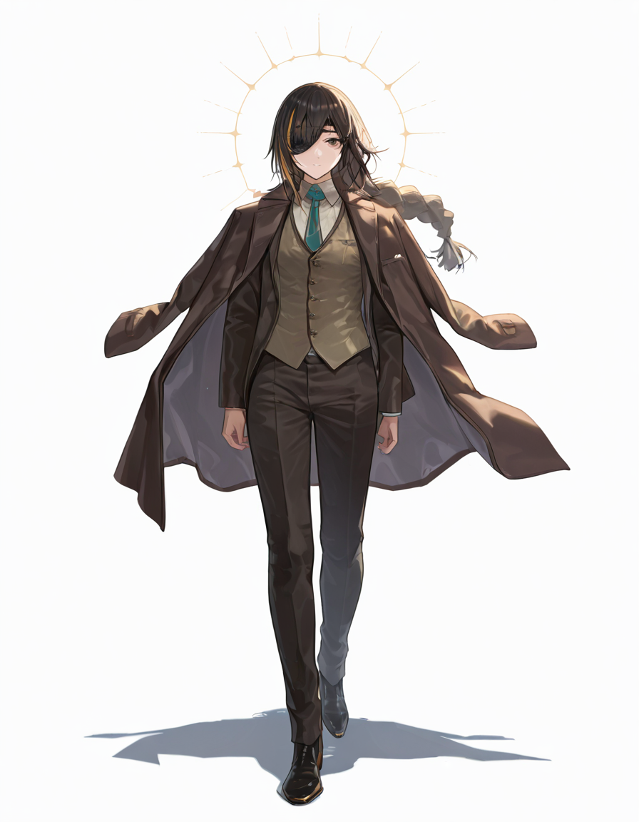 Volumetric Lighting, (masterpiece), (best quality), (ultra-detailed), masterpiece, source_anime, score_9, score_8_up, score_7_up BREAK, illustration, disheveled hair, detailed eyes, perfect composition, moist skin, intricate details, detailed eyes, detailed face, detailed fingers BREAK, brown eyes, black hair,streaked hair, blonde hair, very long braid, single braid, scar across eye BREAK, SpecialAgentGetNoDayOff, SAG_coat, coat on shoulders,SAG_white_shirt, SAG_necktie, SAG_vest, open blazer, SAG_blazer, SAG_pants, SAG_boots, def_eyepatch, BREAK, (((white background))), looking at viewer,1girl,solo, full body, standing,shadow