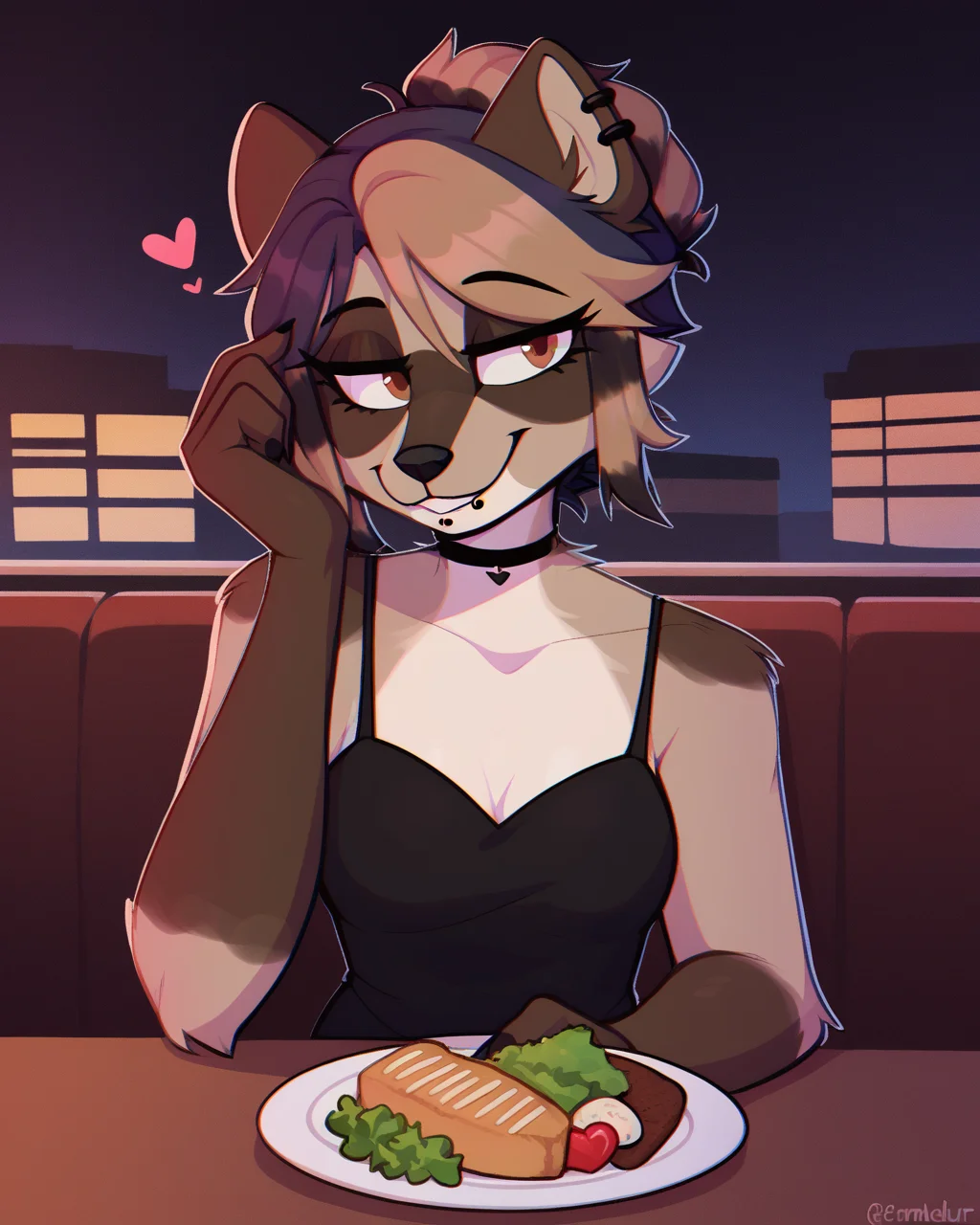 score_9_up, score_8_up, score_7_up, score_6_up, by remanedur, raccoon, furry female, half-length portrait, female, furry, brown eyes, restaurant, <3, black dress, ear piercing, date, smiling at viewer,   lip piercing, happy, brown fur, happy, smile, medium breasts, (looking at viewer), head tilt, solo, (front view), table, food, night,  <lora:Leah_Pines(AIM)_XL_v1:0.15> <lora:PDXL_artist_tags_v2_big:0.5> <lora:The-Minuscule-Task_PDXL_v1.0:0.6>  <lora:Dakiie_flwer_lin:0.7>