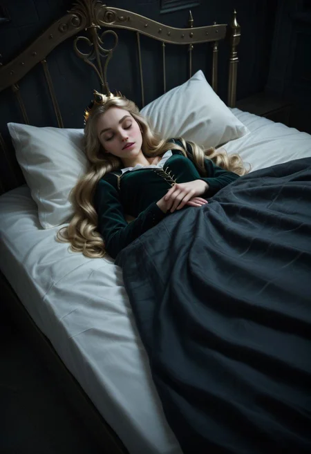 Ultra Realistic,  Aurora, slender, asleep, in a bed in dark castle, lying in a bed, cute