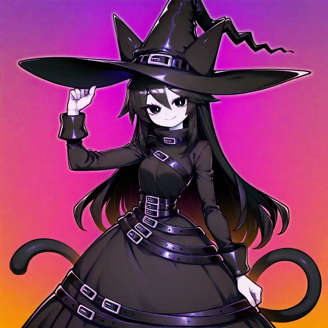 1girl, solo, (chlomaki, cat ears, long hair, black hair, black eyes, white skin, animal hat, belt, cat hat, witch hat, hat with ears, black dress, cat tail, smile), (), general, masterpiece, best quality, highres, looking at viewer, <lora:Cholmaki_-_Okegom_Illustrious:1>