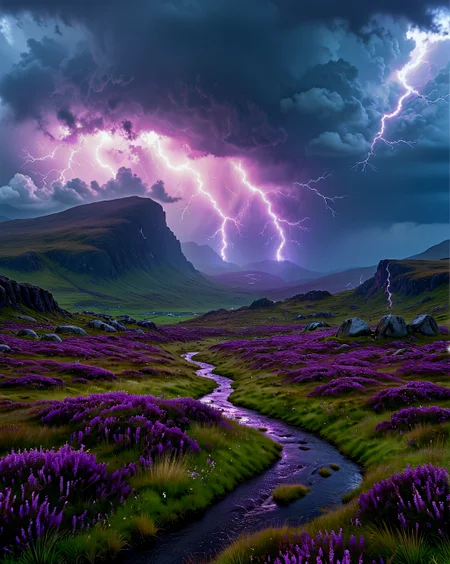 Scottish highland moors bruised purple with heather under stormy skies during Heat lightning: Silent flashes illuminating bellies of distant anvils,
<lora:extremely_detailed:0.1> extremely detailed,
<lora:Flux-XL_Scenery:0.6> flux-scenery,
<lora:add-detail-xl:0.6>,
<lora:DetailMaximizer:0.5>,
<lora:MidjourneyV6.1:0.35> midjourneyv6.1,
<lora:Dream Scenery XL:0.2> Dream Scenery,
detailxl