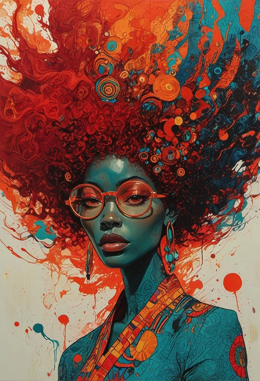 The composition includes evil female, black skin, african features, wearing reflective golden round glasses, red long dress, red hair in an afro, fashion photography painting, in the style of teal and gold. in the background, tintricate stunning highly detailed, abstract, trippy, 60s style, op art, dark blues and blacks, patterns, hypnotic, art by careening into peace.