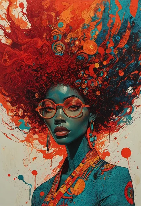 The composition includes evil female, black skin, african features, wearing reflective golden round glasses, red long dress, red hair in an afro, fashion photography painting, in the style of teal and gold. in the background, tintricate stunning highly detailed, abstract, trippy, 60s style, op art, dark blues and blacks, patterns, hypnotic, art by careening into peace.