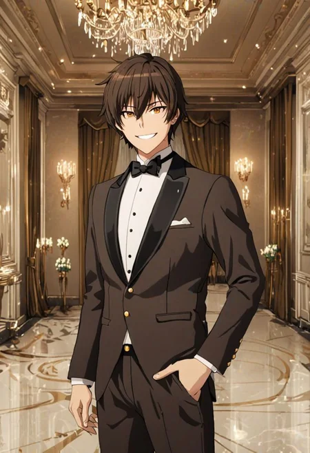 Highres, Masterpiece, High Quality, 4K, 8K, solo, 1Boy, Seiya Kanie, short dark brown hair, golden eyes, ballroom, luxury hotel, luxury room, marble floor, crystal chandelier, classic ornaments, tuxedo, smile, musterius, classy, confident, rich, easynegative, detailed_eye_model