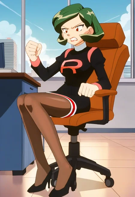 score_9, score_8_up, score_7_up, score_6_up, anime screencap, anime coloring, <lora:PMWendy:0.9>, PMWendy, green hair, bangs, red eyes, short hair, lipstick,
team rocket, short dress, black dress, turtleneck, brown pantyhose, high heels, black footwear,
sitting, clenched teeth, clenched hands, angry, swivel chair, desk,
BREAK, cityscape, day, window, office, indoors,