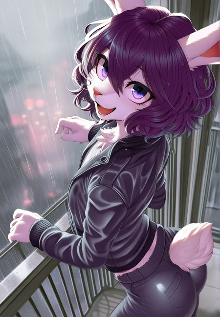 masterpiece,best quality,amazing quality,geazu8, geazu eyes, furry female, solo, skinny, narrow waist, from the side, balcony, hands on balcony, rain, looking up, rabbit ears, rabbit tail, body fur, white body fur, :d, violet eyes, wavy hair, short hair, hair highlights, jacket, pants